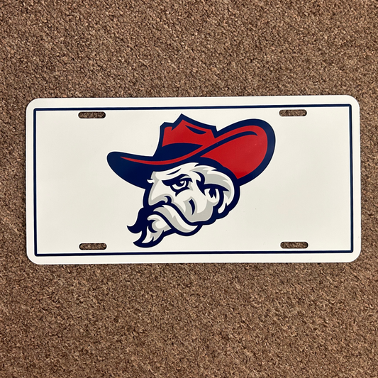 License Plate (White, Colonel Reb head logo w/ navy border)