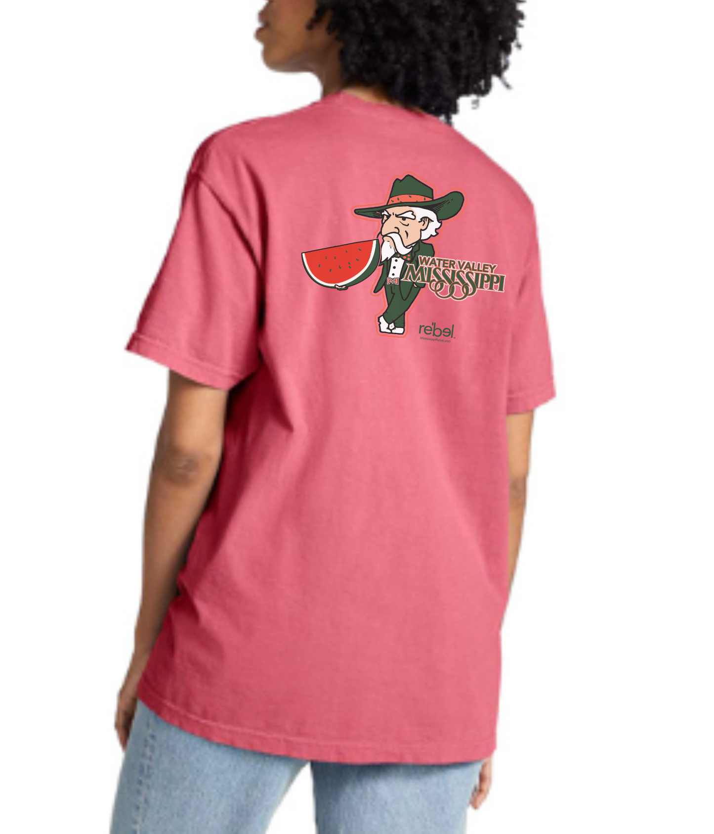 Comfort Colors Pocket Tee (Watermelon; Water Valley Watermelon logo)