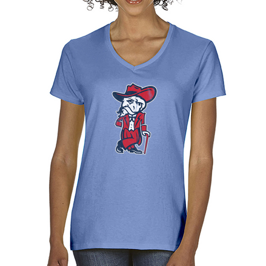 Womens V-Neck Tee (Flo Blue, Colonel Reb Traditional logo)