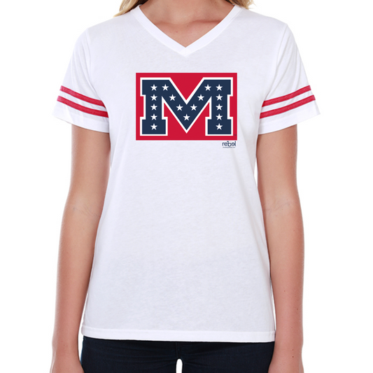 Womens Stripes Tee (Red Stripes, Battle-M logo)