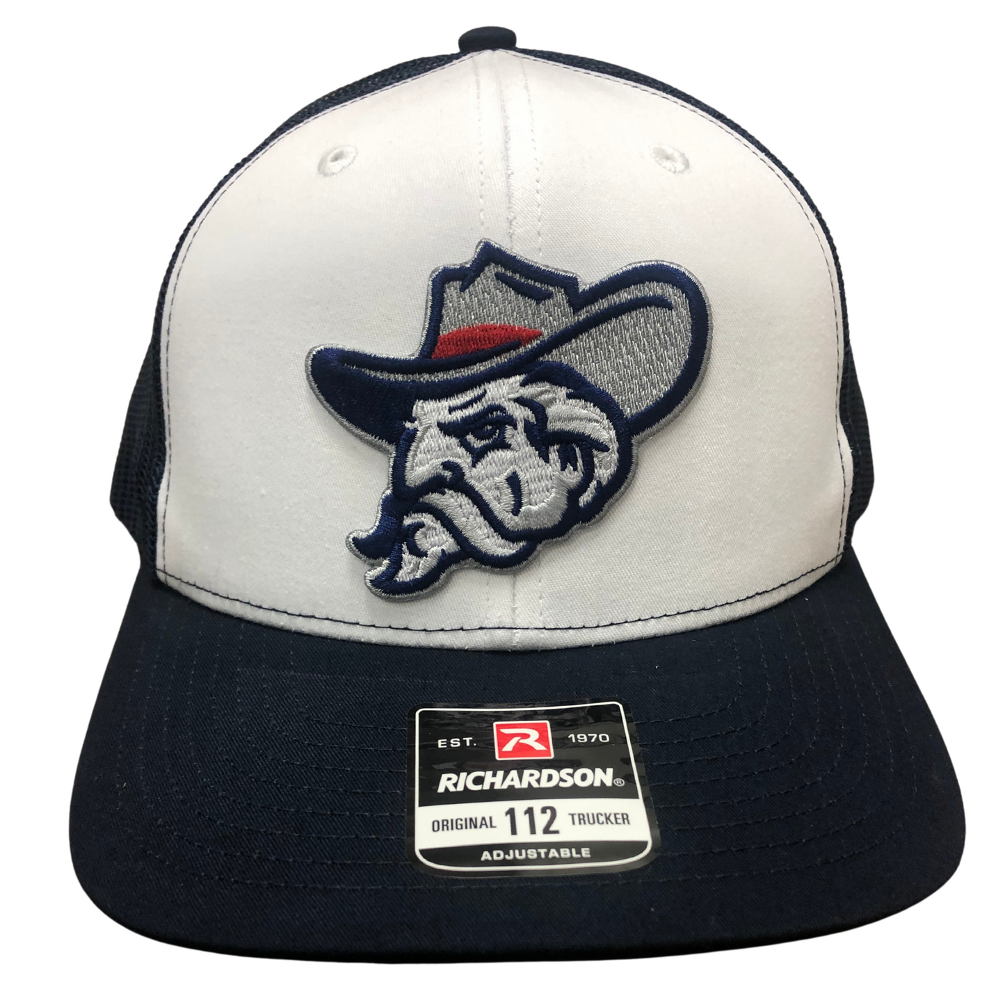 Mesh Back Cap (White Front, navy back, navy bill; Colonel Reb Head logo)