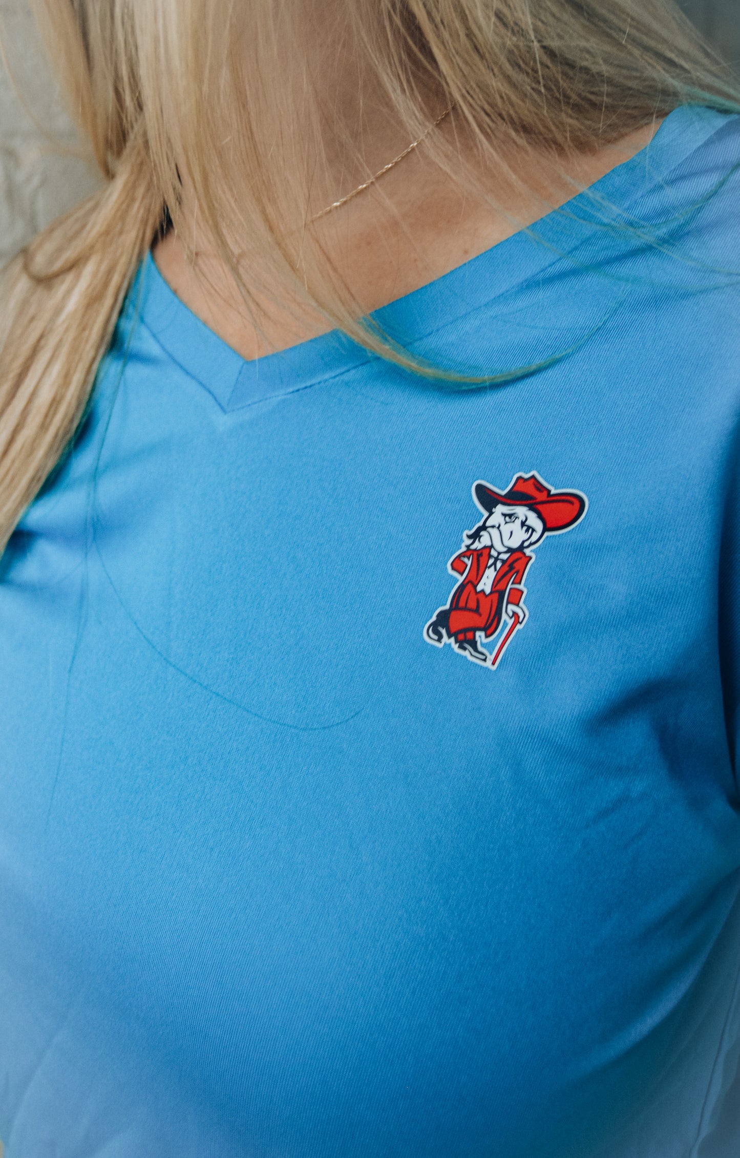 Ladies V-neck Long Sleeve Tee (Powder Blue, Colonel Reb Traditional Pose)