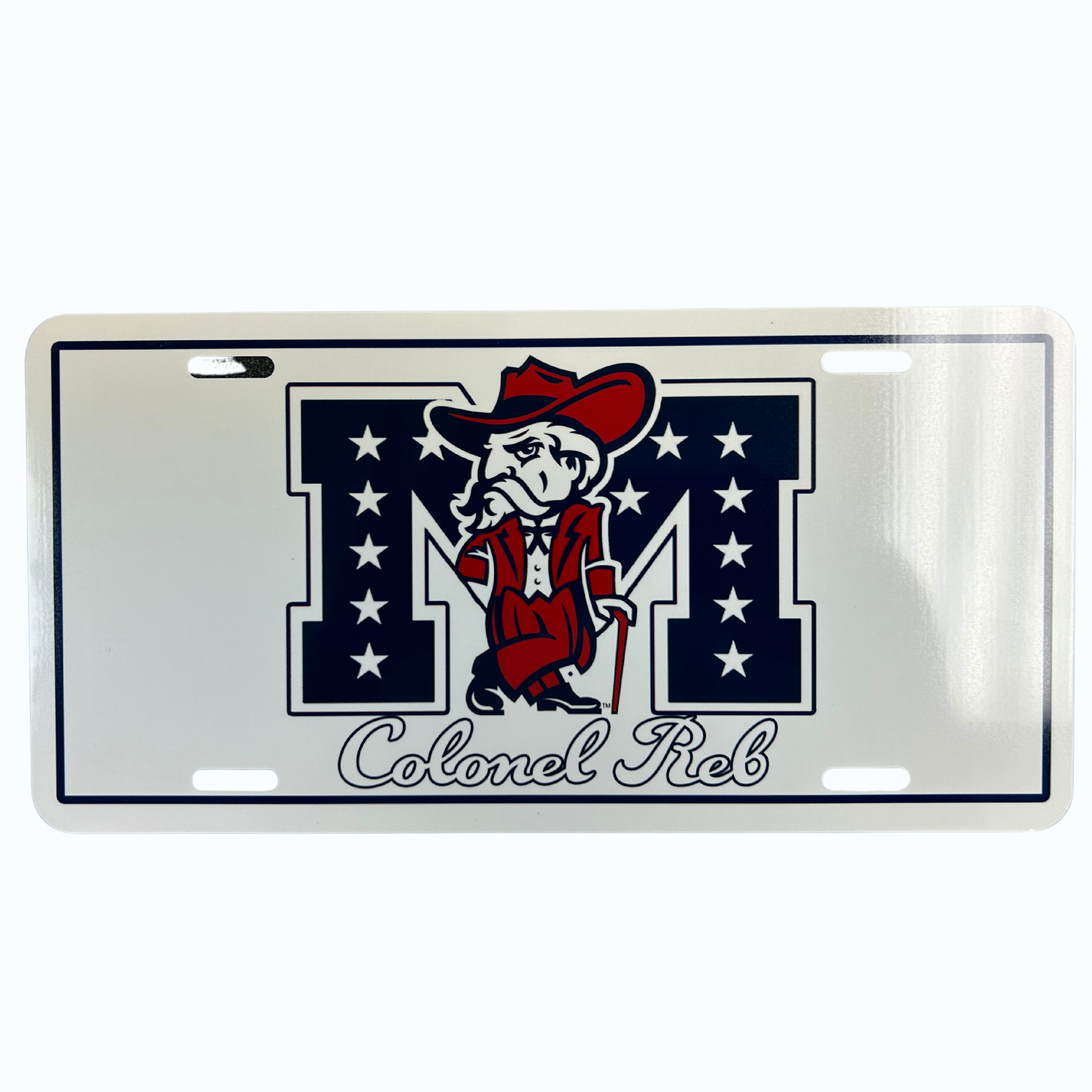 Colonel Reb Sign License Plate (White, Colonel Reb With Battle M logo ...