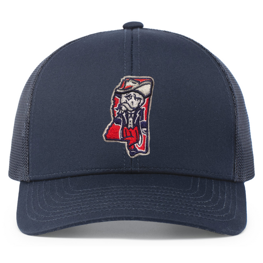 Mesh Back Cap (Navy, Colonel Reb Mississippi logo)