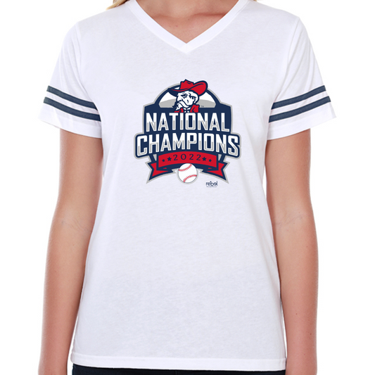 Womens Stripes Tee (Navy Stripes, 2022 Baseball National Champions logo)
