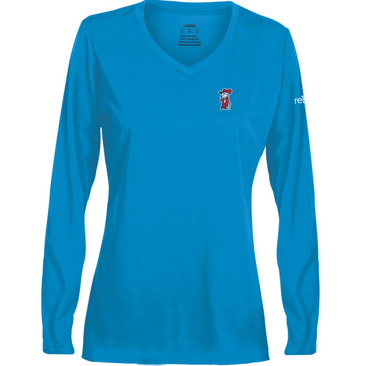 Ladies V-neck Long Sleeve Tee (Powder Blue, Colonel Reb Traditional Pose)